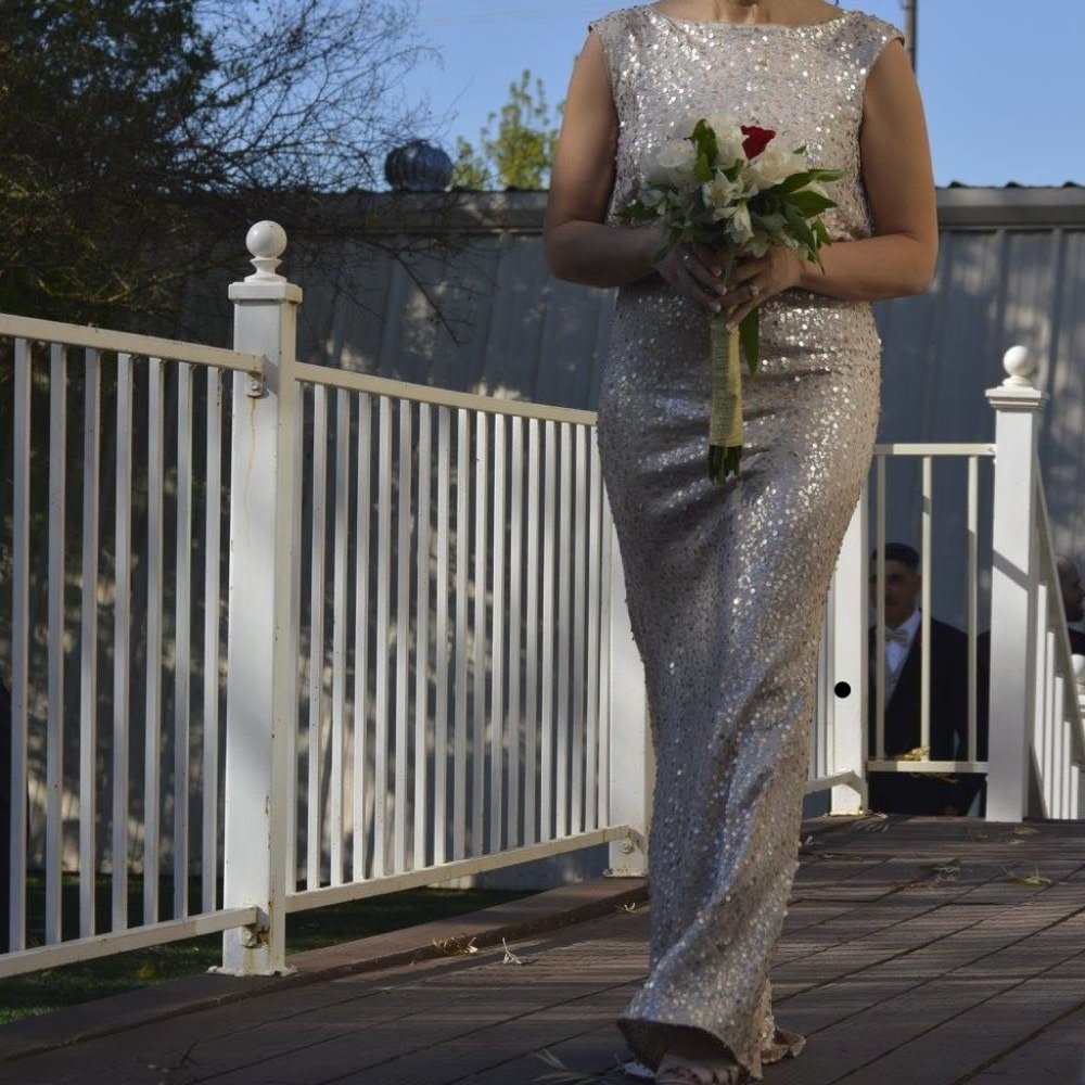 David's Bridal Gold Sequin Bridesmaid Dress